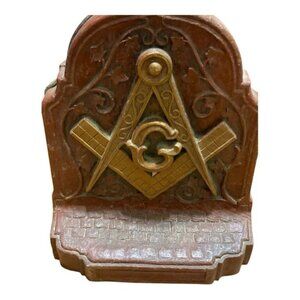 Vintage Rare Wood Freemason Compass Bookend Desk Mantle